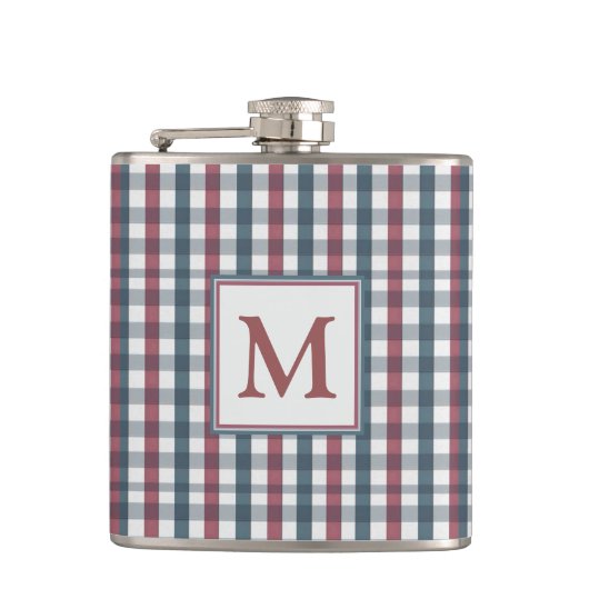Red, White and Blue Plaid Monogram フラスク (正面)
