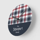 Red White and Blue Tartan Family Name ラウンド壁時計 (傾斜)