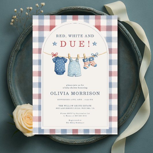 Red White and Due Clothesline Baby Shower 招待状