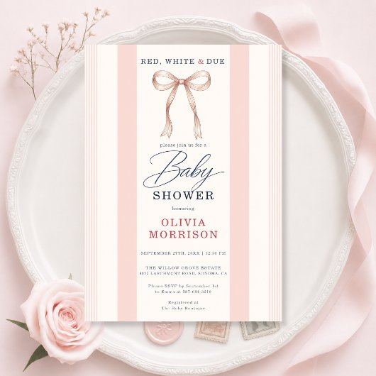 Red White and Due Pink Bow Girls Baby Shower 招待状