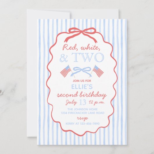 Red White and Two 4th of July 2nd Birthday 招待状 (正面)