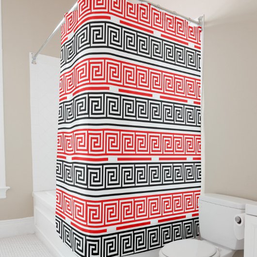 Red White Black Greek Key Fret Pattern Design  シャワーカーテン