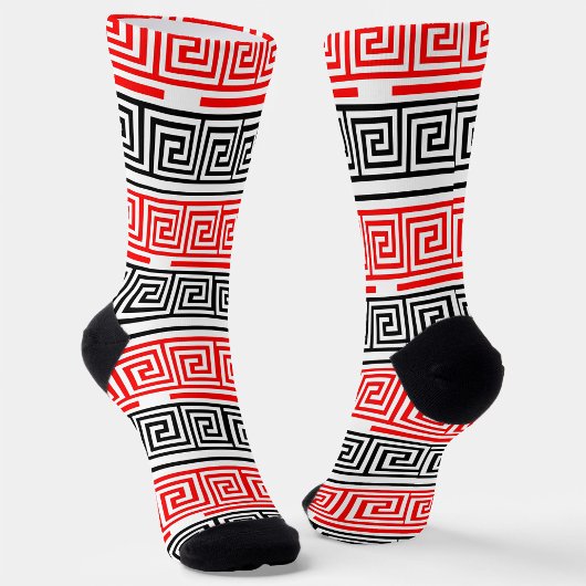 Red White Black Greek Key Fret Pattern Design  ソックス