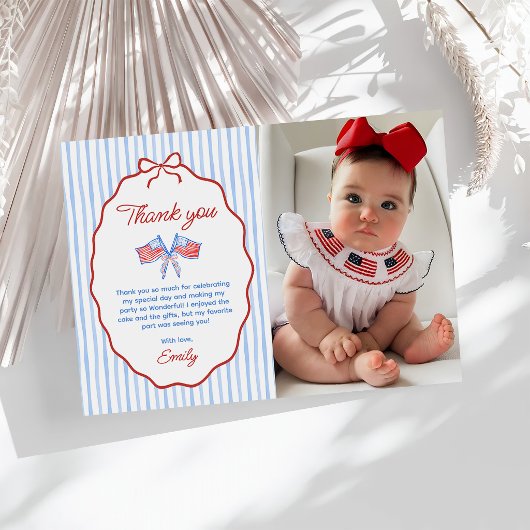 Red, White & Blue 4th of July 1st Birthday Photo サンキューカード