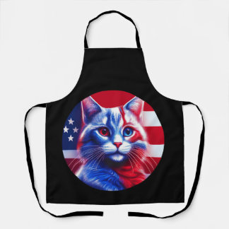 Red White & Blue Cat With American Flag Background エプロン