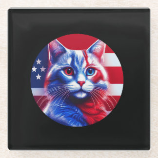 Red White & Blue Cat With American Flag Background ガラスコースター