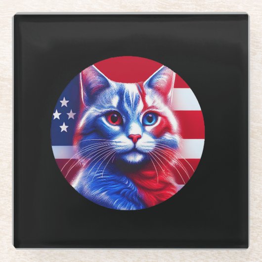 Red White & Blue Cat With American Flag Background ガラスコースター (正面)