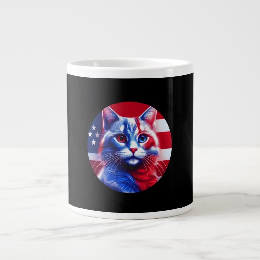 Red White & Blue Cat With American Flag Background ジャンボコーヒーマグカップ (正面)