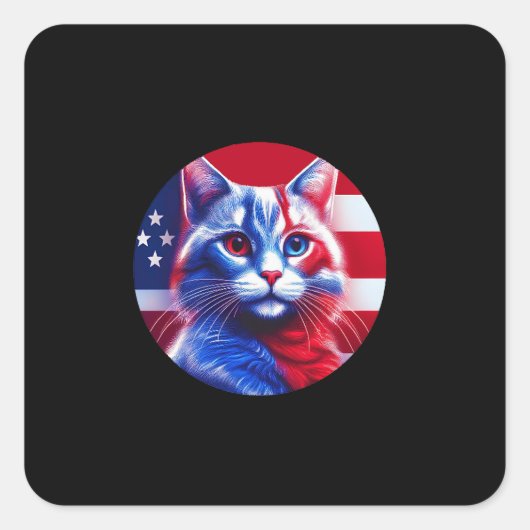 Red White & Blue Cat With American Flag Background スクエアシール (正面)
