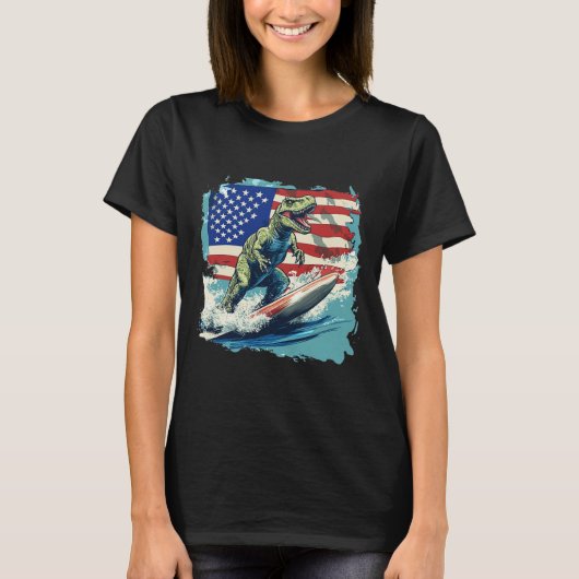 Red White Blue Dinosaur Surfing For Patriotic Juri Tシャツ (正面)