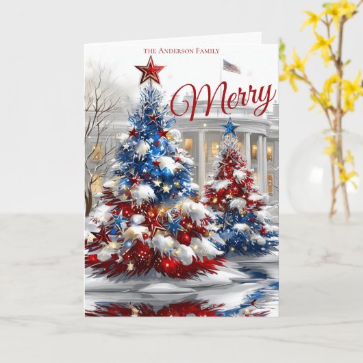 Red White Blue Festive Christmas Trees  カード (黄色い花)