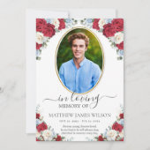 Red White Blue Floral Photo Funeral Memorial サンキューカード (正面)