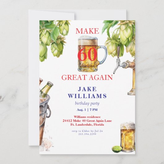 Red White & Blue Make 60 Great Again Beer Birthday 招待状 (正面)