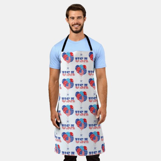 RED WHITE BLUE PATRIOTIC BALLOONS エプロン (着用した状態)