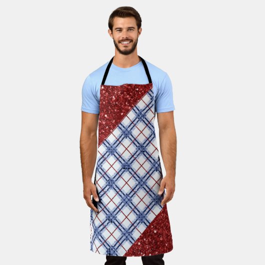 RED WHITE BLUE PATRIOTIC PLAID PATTERN エプロン (着用した状態)