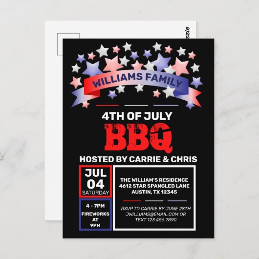 Red White & Blue Ribbon & Stars 7月4日BBQ ポストカード (正面/裏面)