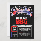 Red White & Blue Ribbon & Stars 7月4日BBQ 招待状 (正面)