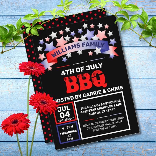 Red White & Blue Ribbon & Stars 7月4日BBQ 招待状
