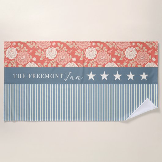 Red White Blue Stars Stripes Floral Block print ビーチタオル (正面)