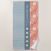 Red White Blue Stars Stripes Floral Block print ビーチタオル (正面)