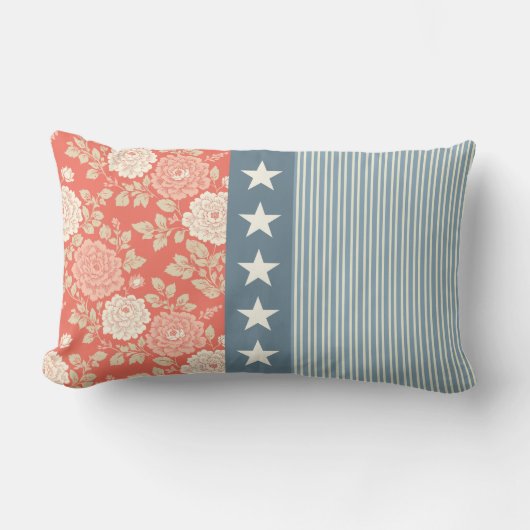 Red White Blue Stripe Block Print Stars ランバークッション (正面)