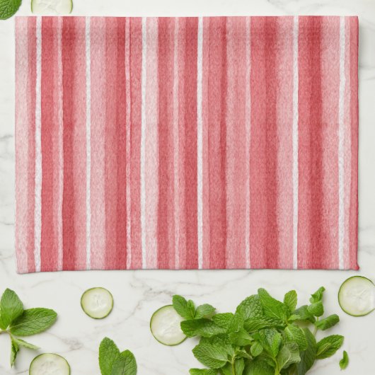 Red White Blush Pink Stripes キッチンタオル (折り畳み)