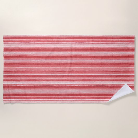 Red White Blush Pink Stripes   ビーチタオル (正面)