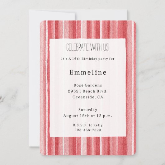 Red White Blush Pink Stripes Birthday 招待状 (正面)