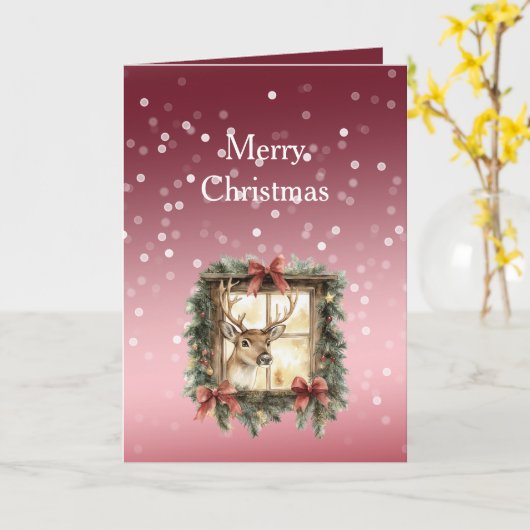 Red White Bokeh Dots Christmas Deer in Window カード (黄色い花)