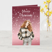 Red White Bokeh Dots Christmas Girl カード (黄色い花)