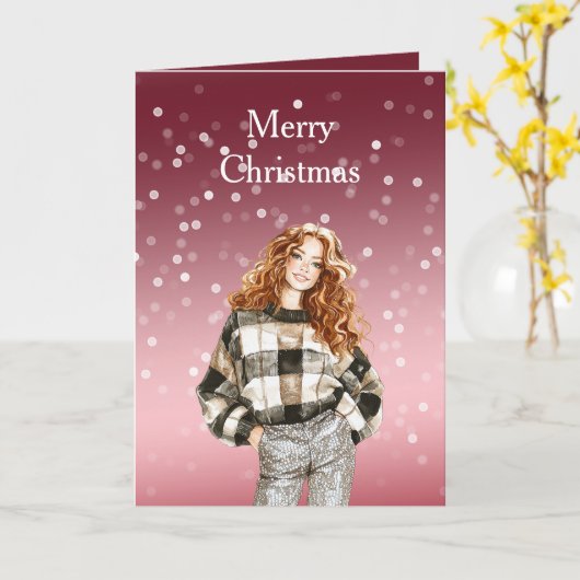 Red White Bokeh Dots Christmas Girl カード (黄色い花)