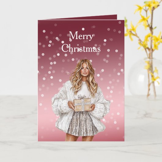 Red White Bokeh Dots Christmas Pretty Blond Girl カード (黄色い花)