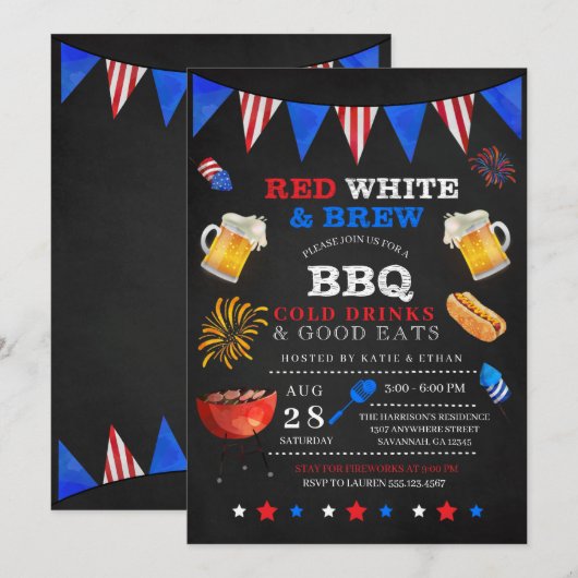 Red White & Brew 7月4日BBQ招待状 招待状 (正面/裏面)