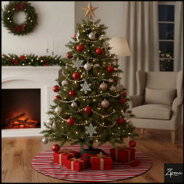 Red White Candy Cane Diagonal Stripes Bow ブラッシュドポリエステルツリースカート