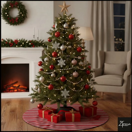 Red White Candy Cane Diagonal Stripes Bow ブラッシュドポリエステルツリースカート