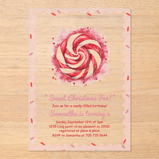 "Red & White Candy Winter Birthday  アクリル招待状 (正面)