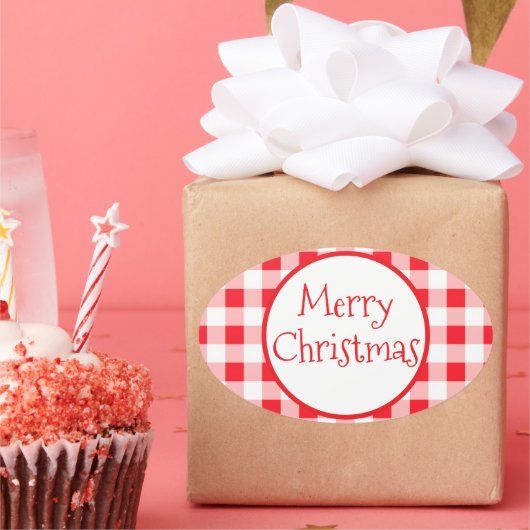 Red White Check Whimsical MERRY CHRISTMAS 楕円形シール (パーティー)