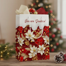 Red White Christmas Floral Pattern#17 ID1009 ミディアムペーパーバッグ