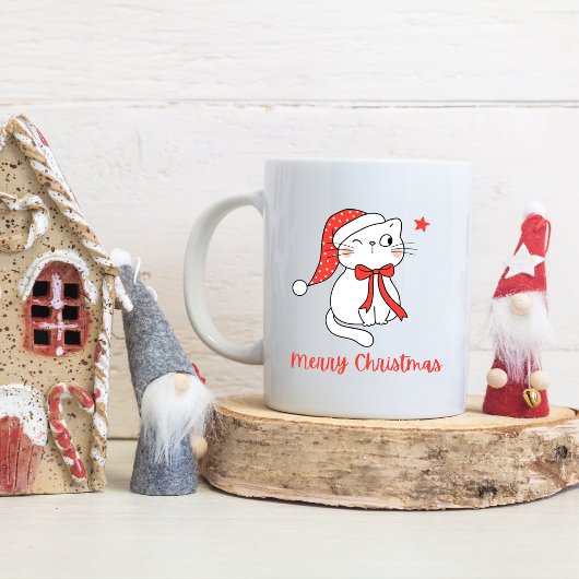 Red & White Cute Cat Custom Name Merry Christmas  コーヒーマグカップ