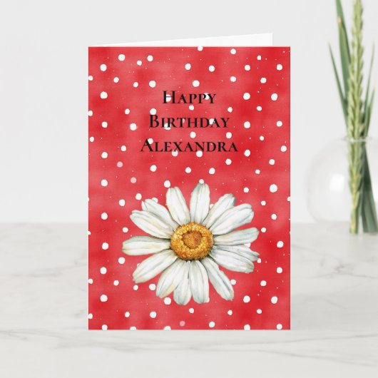 Red White Dots Daisy Flower Birthday カード (正面)