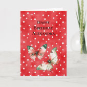 Red White Dots Red Green Butterflies Birthday カード (正面)