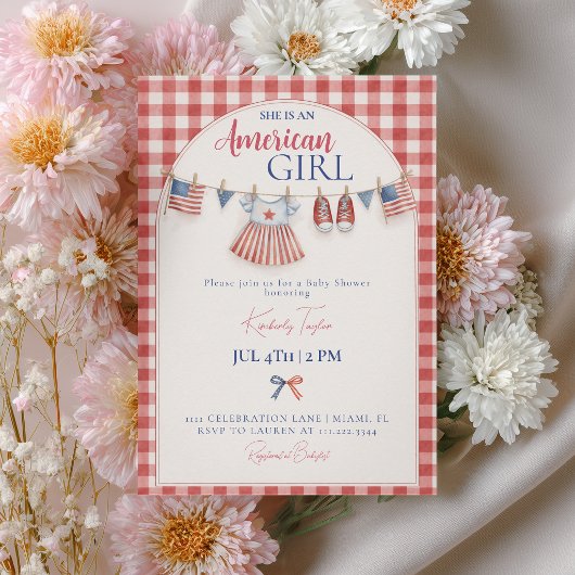 Red White & Due Bow American Girl Baby Shower 招待状