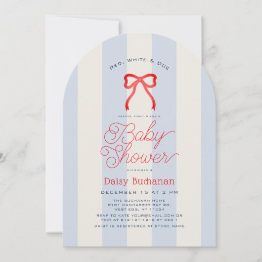 Red White & Due Bow Stripes Boy Baby Shower 招待状 (正面)
