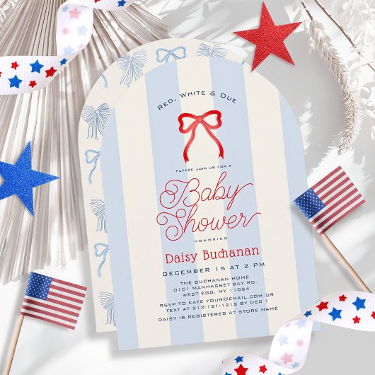 Red White & Due Bow Stripes Boy Baby Shower 招待状