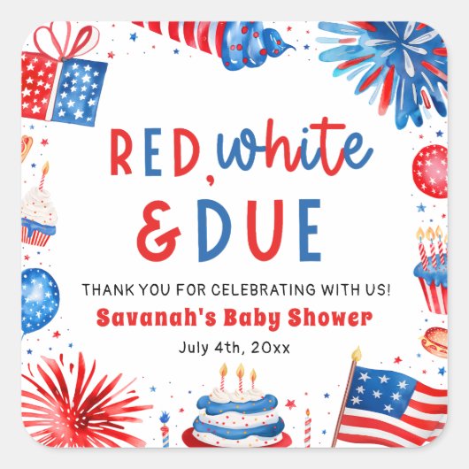Red, White & Due Gender Neutral Baby Shower スクエアシール (正面)