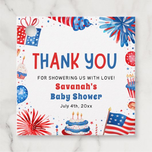 Red, White & Due Gender Neutral Baby Shower フェイバータグ (正面)