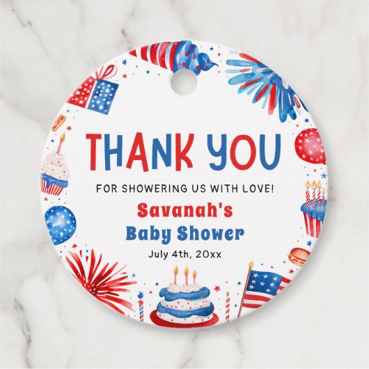 Red, White & Due Gender Neutral Baby Shower フェイバータグ (正面)