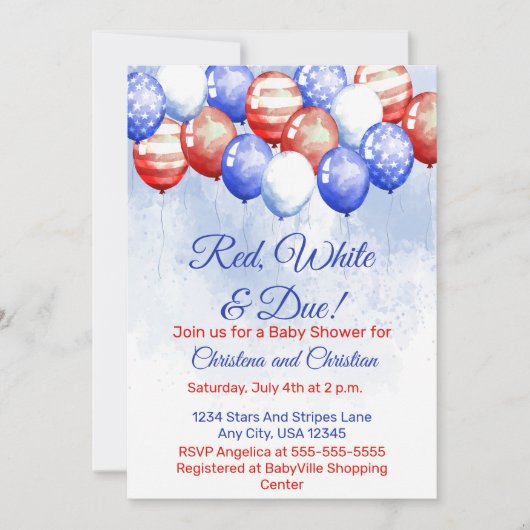 Red White & Due Independence Day Baby Shower 招待状 (正面)