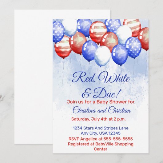 Red White & Due Independence Day Baby Shower 招待状 (正面/裏面)