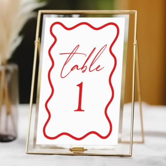 Red White Elegant Wavy Border Wedding テーブルナンバー